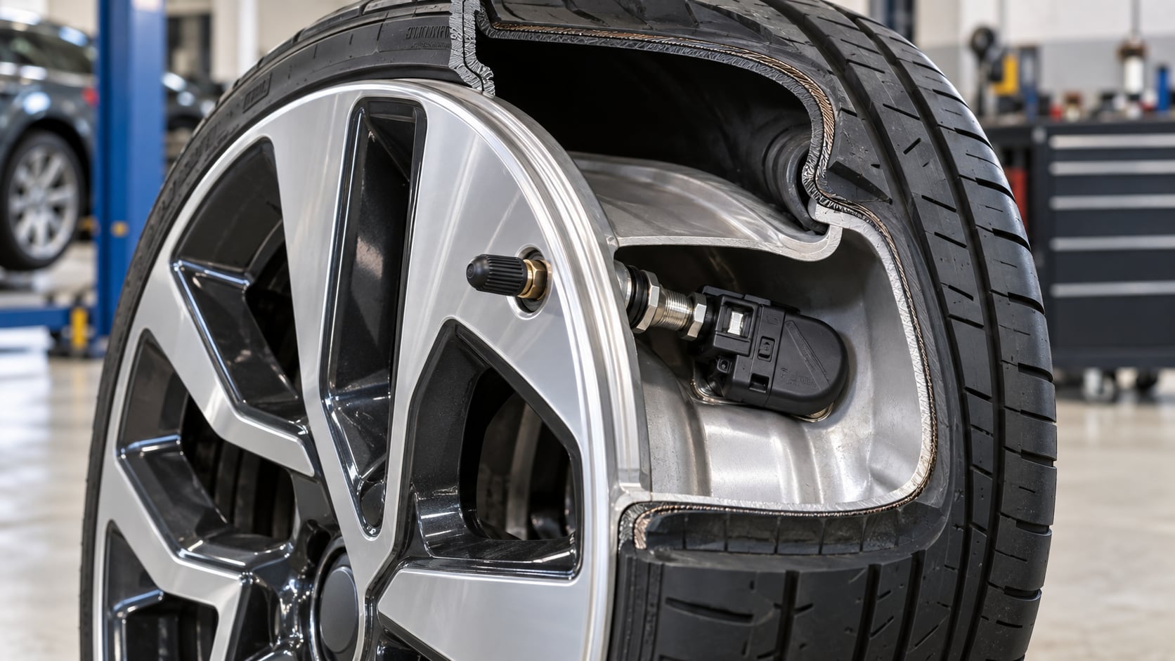 Highly realistic automotive educational cutaway for CARUP24 showing a passenger-car wheel and tire with a direct TPMS pressure sensor correctly mounted inside the rim near the valve stem. The tire should be partially transparent or shown as a clean technical cutaway so the sensor position is clearly understandable. Include realistic rim, valve, tire bead and sensor module geometry. No floating futuristic electronics, no generated labels, no arrows, no logos, no watermark, clean automotive workshop background, landscape 16:9. والو باید بیرون از رینگ چرخ باشه