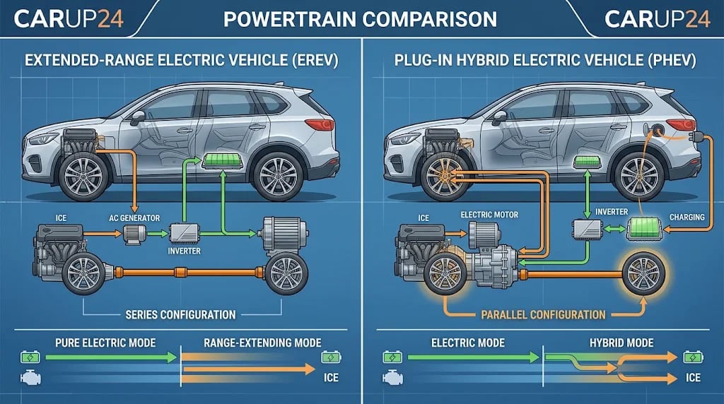 مسیر انتقال نیرو در EREV و پلاگین هیبرید